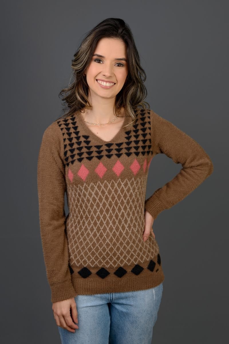 Blusa Tricot Feminina Jacquard Gola V