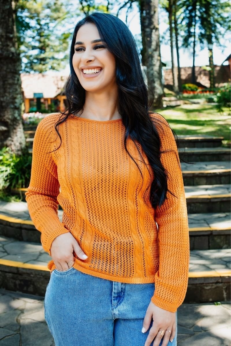 Blusa Tricot Feminina Rendada com Tranças