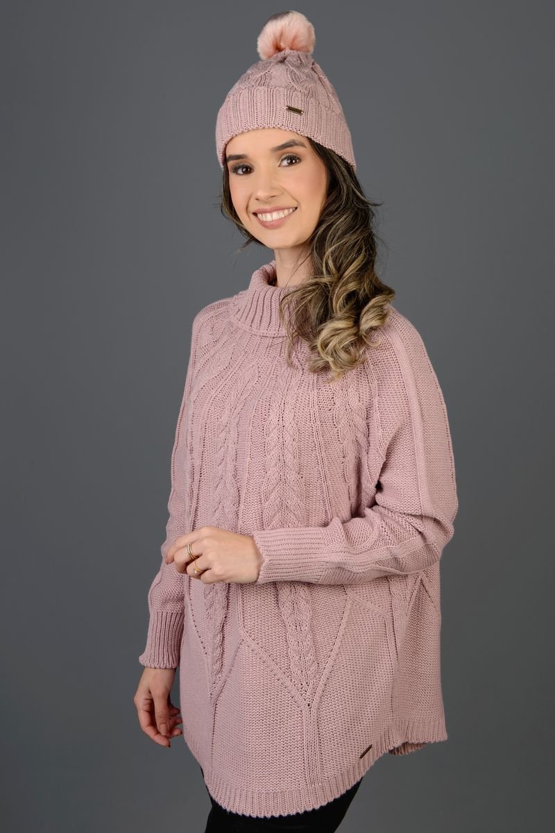 Poncho Tricot Gola Alta com Manga