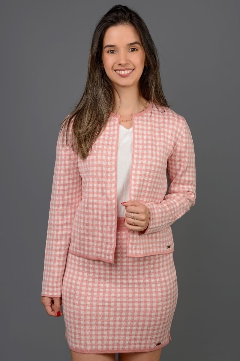 Cardigan / Casaquinho Tricot Curto Quadriculado
