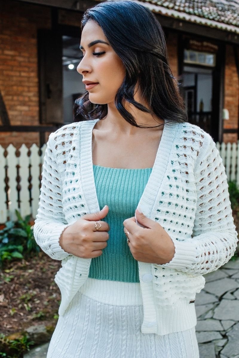 Casaquinho Tricot Feminino Rendado com Botão