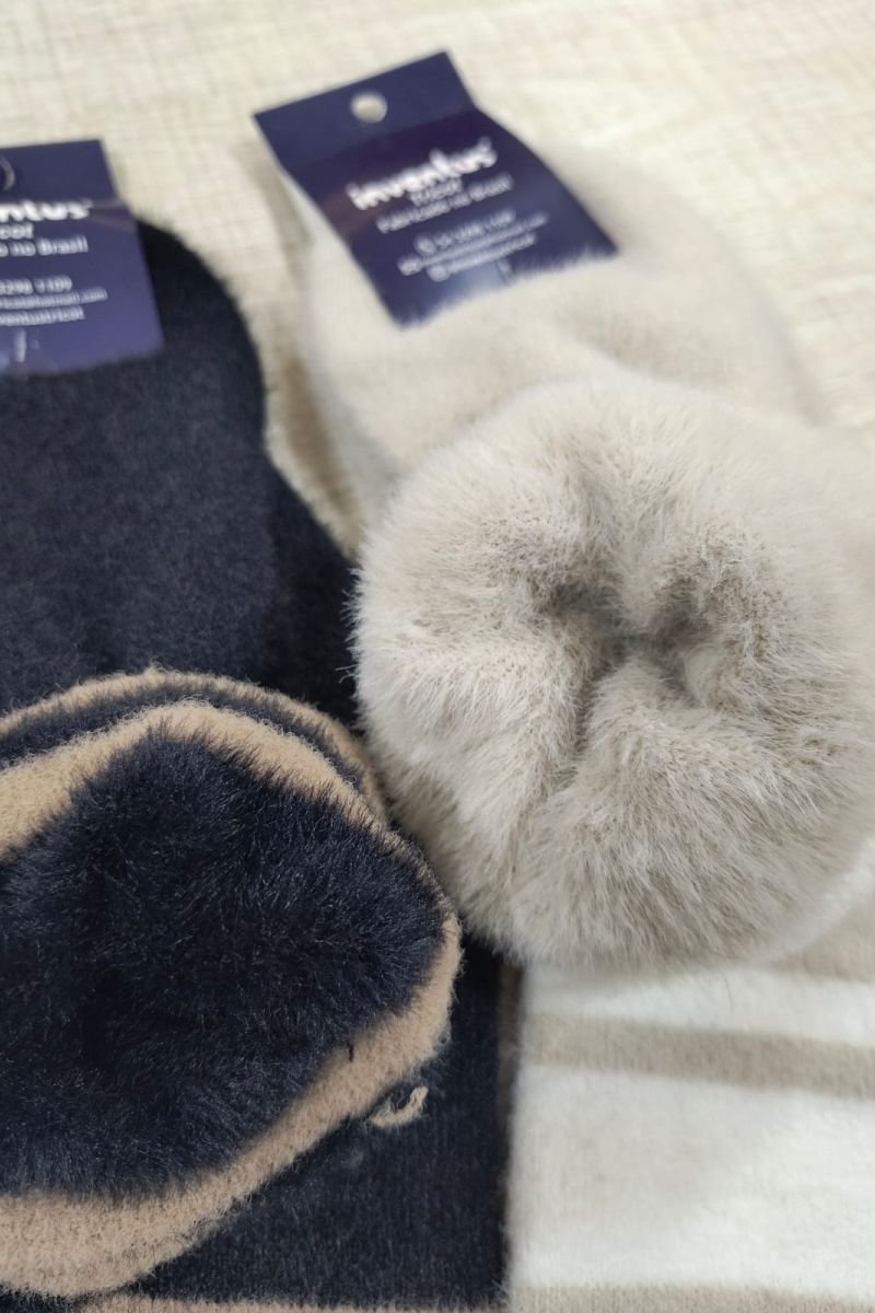 Meia Térmica Peluciada Listrada Cano Alto