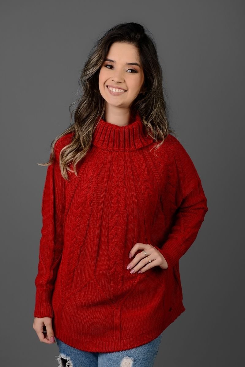 Poncho Tricot Gola Alta com Manga