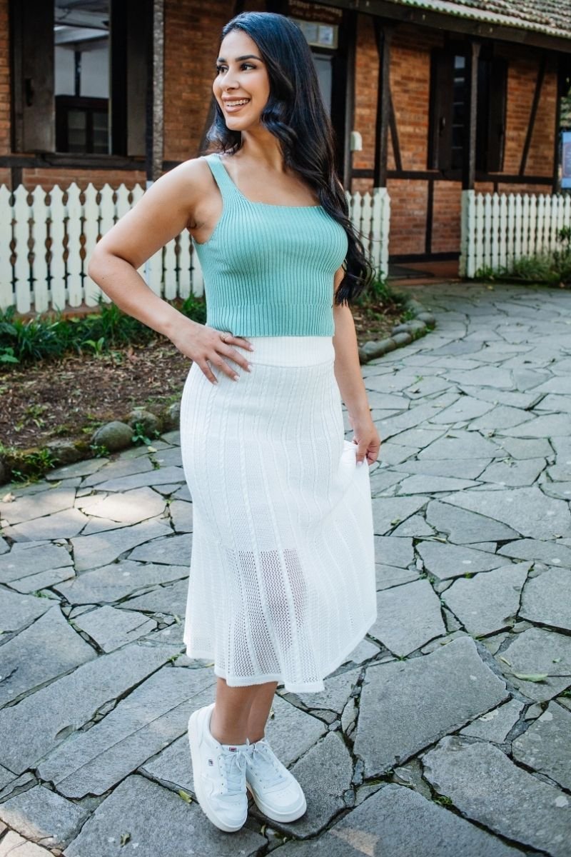 Saia Tricot Longa Modal Rendada com Tranças