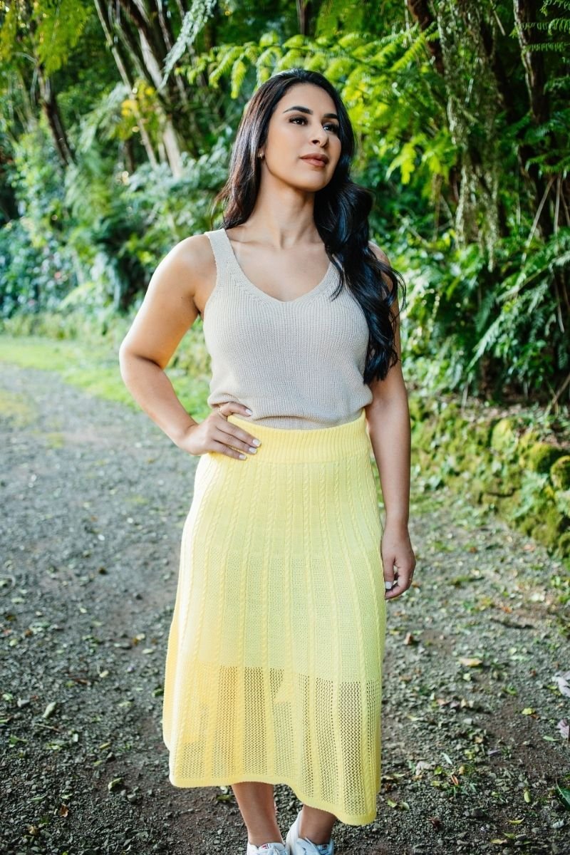 Saia Tricot Longa Modal Rendada com Tranças